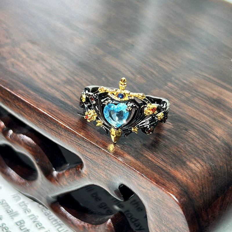 Trendy and Cool Dark Wings Crown Love Heart Sea Blue Zircon Ring, Retro Thorns Rose Two-tone Flower Punk Finger Ring